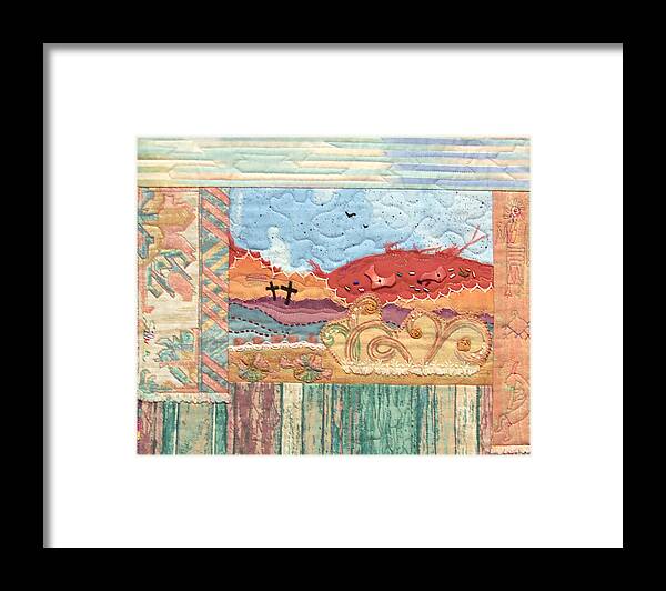 Hand Applique Framed Print featuring the tapestry - textile New Mexican Lanscape by Mtnwoman Silver