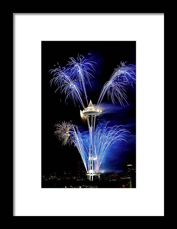 Fireworks Framed Print featuring the photograph New year fireworks 2012 at Space Needle - 2 by Hisao Mogi