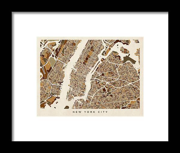 New York Framed Print featuring the digital art New York City Street Map by Michael Tompsett