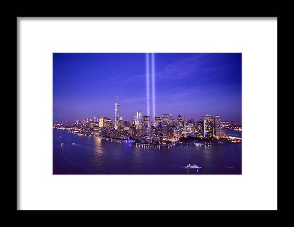 New York City Skyline Night Framed Print featuring the photograph New York City Tribute in Lights World Trade Center WTC Manhattan NYC by Jon Holiday
