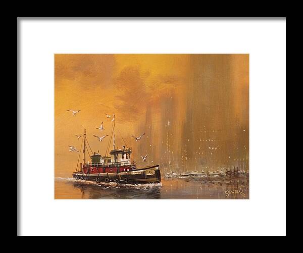  Harbor Framed Print featuring the painting New York Harbor at Daybreak by Tom Shropshire