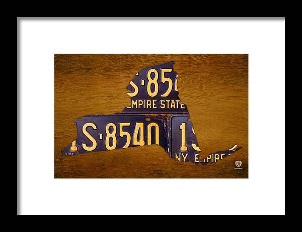 New York City Framed Print featuring the mixed media New York State License Plate Map - Empire State Orange Edition by Design Turnpike