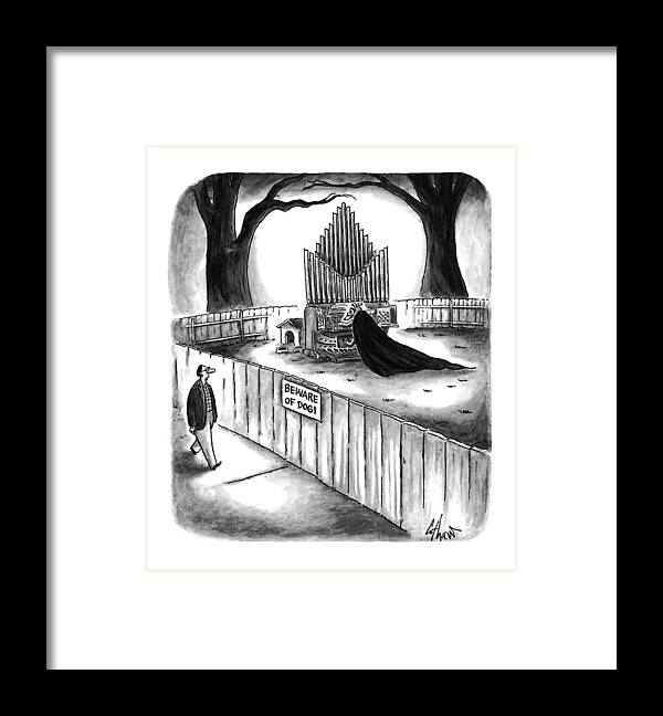 No Caption
Man Walks By Fence With Sign: Beware Of Dog. On The Other Side Of The Fence Framed Print featuring the drawing New Yorker April 10th, 1995 by Frank Cotham