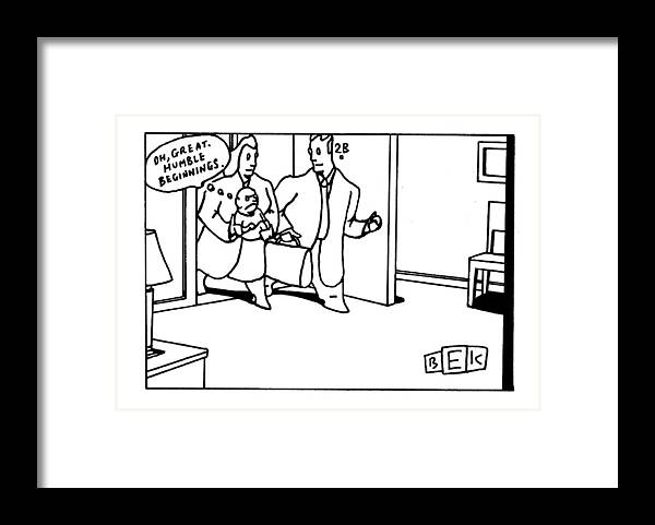 (new Parents Entering Sparse Apartment Holding Baby Framed Print featuring the drawing New Yorker April 5th, 1999 by Bruce Eric Kaplan