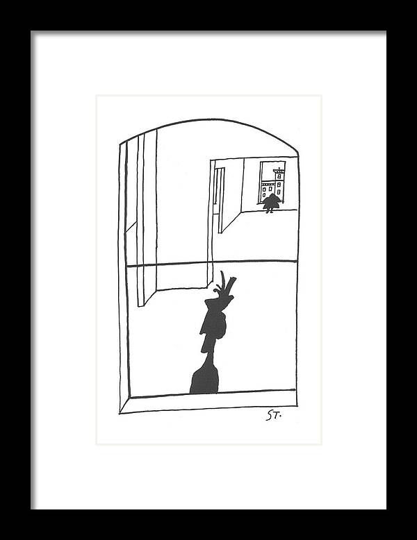 115414 Sst Saul Steinberg (silhouettes Of People Inside Of An Apartment As Seen From Outside Of The Building.) Apartment Apartments Building Estate ?at Home Homes House Inside Looking Observing Outlines Outside People Real Rent Seen Shadow Shadows Shapes Silhouettes Spying View Window Windows Framed Print featuring the drawing New Yorker April 6th, 1957 by Saul Steinberg