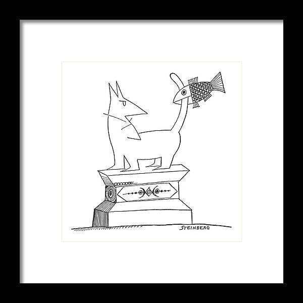 115541 Sst Saul Steinberg (a Statue Of A Cat With A Fish Biting Its Tail.) Animals Bite Biting Cat Cats Feline Felines ?sh Its Pet Pets Sculptures Sculture Sstoon Statue Statues Tail Framed Print featuring the drawing New Yorker August 17th, 1963 by Saul Steinberg
