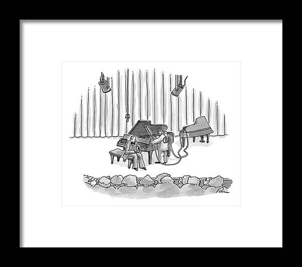 (concert Pianist Waits For Mechanic Framed Print featuring the drawing New Yorker August 24th, 1998 by J.P. Rini