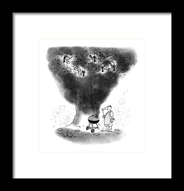 No Caption
Man At Barbecue Raises A Cloud Of Smoke Framed Print featuring the drawing New Yorker August 26th, 1991 by Arnie Levin