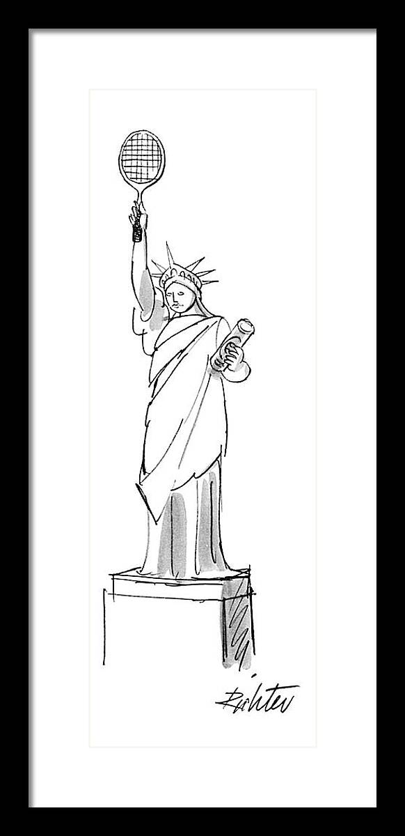 (statue Of Liberty Holds A Tennis Racket And A Can Of Balls.) Regional New York Statue Of Liberty Sport Artkey 44921 Framed Print featuring the drawing New Yorker August 8th, 1977 by Mischa Richter