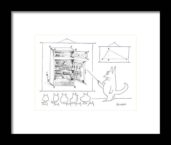 School Schools Elementary Teachers Geometry Class Food Pets Diagrams Study Science 
A Cat Man Points To A Diagram Of A Refrigerator Filled With Food. The Refrigerator Diagram & A Triangle Diagram Hang On The Wall. The Students In The Class Are Cats. Sstoon Saul Steinberg Sst Artkey 66295 Framed Print featuring the drawing New Yorker December 19th, 1964 by Saul Steinberg