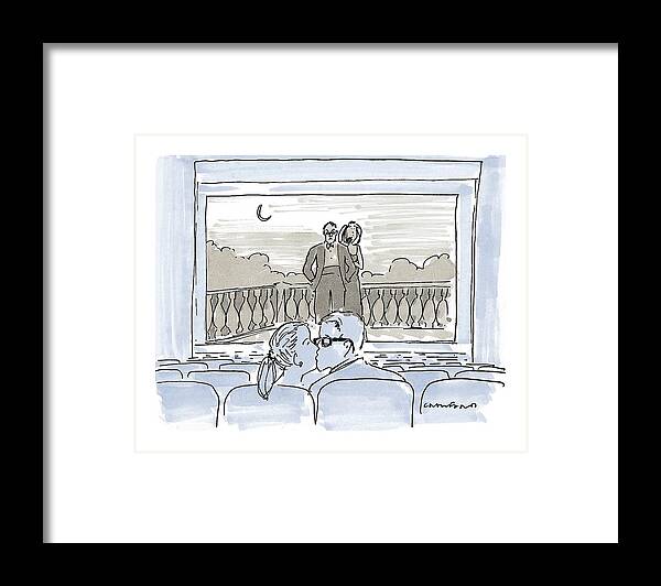 (couple Kissing In Movie Theater As Couple On Screen Watch Them.) Movies Framed Print featuring the drawing New Yorker December 7th, 1998 by Michael Crawford