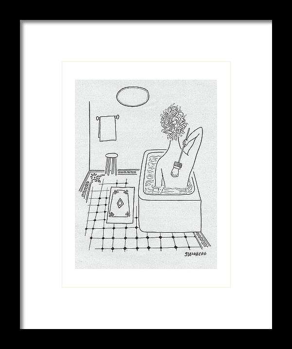 99890 Sst Saul Steinberg Woman In Bath Scratching Her Back With A Back Scratcher Made In The Shape Of A Man's Hand. Back Bath Fake Hand Imaginary Itch Made Man's Manhand Model Pretend Pretending Replica Scratcher Scratching Shape Wish Woman Framed Print featuring the drawing New Yorker February 19th, 1949 by Saul Steinberg