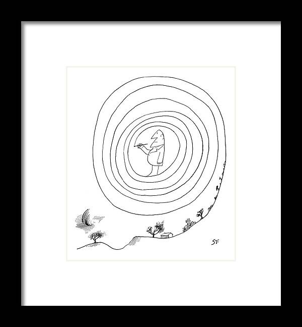 Saul Steinberg 115531 Steinbergattny   (man Has Drawn Himself Inside Of A Swirl.) Art Artist Artistic Artwork Doodle Curve Swirl Center Outside Doodling Draw Drawing Drawn Himself Inside Intertwined Landscape Man Nature Outdoors Sketch Sketching Sstoon Swirl Together Framed Print featuring the drawing New Yorker February 23rd, 1963 by Saul Steinberg