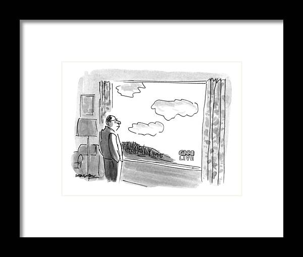 (man Looks Out Picture Window Framed Print featuring the drawing New Yorker February 4th, 1991 by James Stevenson
