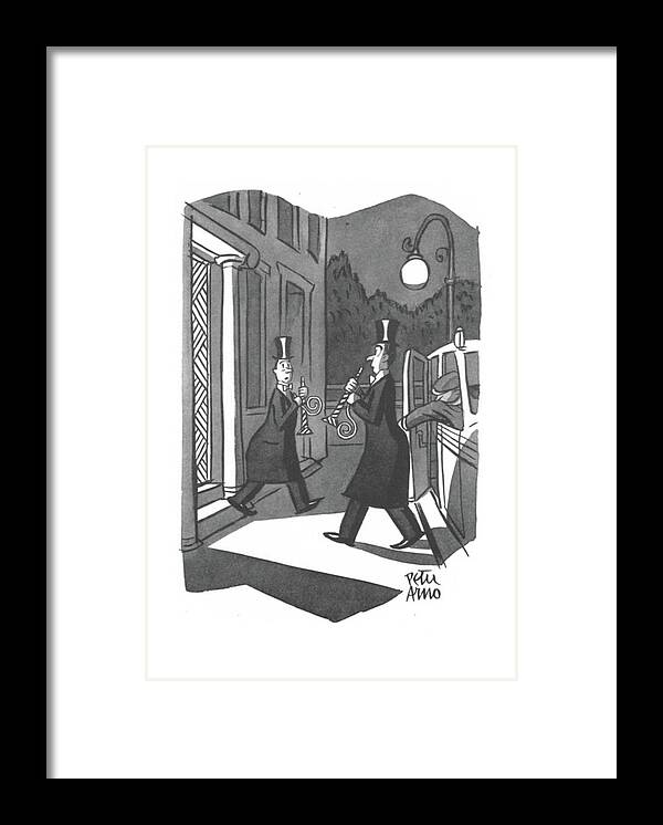 111642 Par Peter Arno New Year's Celebration. One Gentlemen Coming Out Carrying A Horn Framed Print featuring the drawing New Yorker January 3rd, 1942 by Peter Arno