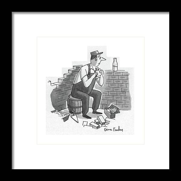 92502 Dfr Dana Fradon (workman Eating Lunch Has Put A Milk Bottle On A Row Of Bricks And Then Sees That Milk In The Bottle Is Not Level Framed Print featuring the drawing New Yorker July 21st, 1956 by Dana Fradon