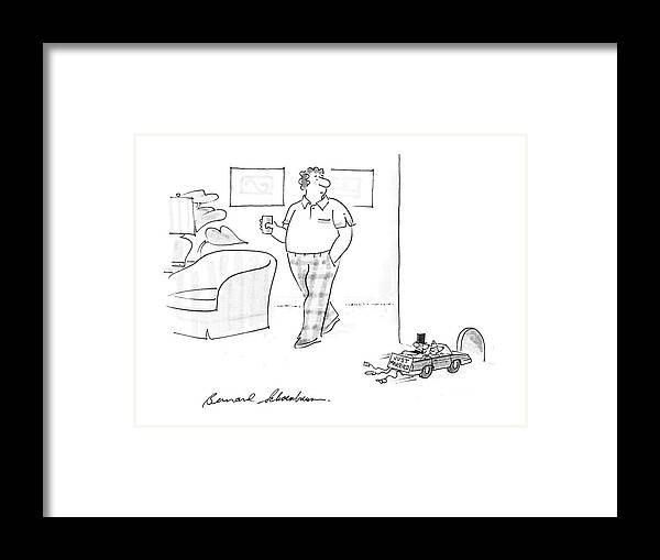 No Caption
Man With Glass In Hand Watches Miniature Car Go Driving By Framed Print featuring the drawing New Yorker July 6th, 1987 by Bernard Schoenbaum