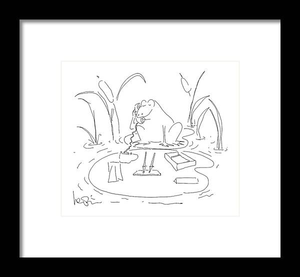 No Caption
Frog Sits On Lilypad Talking On Telephone Framed Print featuring the drawing New Yorker July 7th, 1986 by Arnie Levin