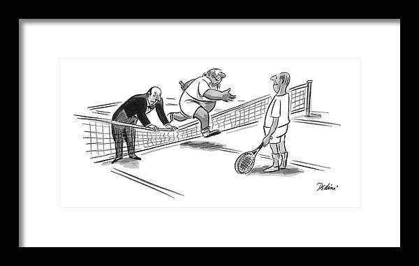 (butler Is Holding Down The Tennis Net For His Master To Jump Over.) Service Money Rich Sports Leisure Artkey 44925 Framed Print featuring the drawing New Yorker June 23rd, 1956 by Eldon Dedini