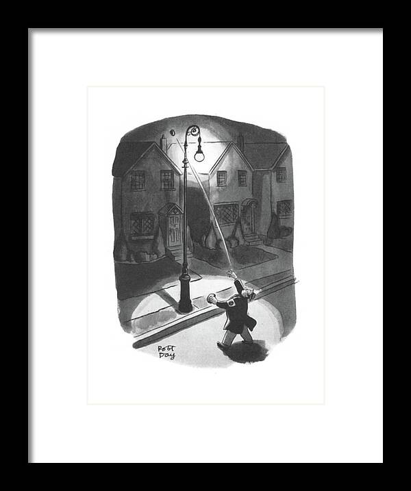 111822 Rda Robert J. Day Air-raid Warden Throwing Rock At Street Light. Air Air-raid Airplane Airplanes Attack Attacks Bomb Bomber Bombing Bombs Defending Defense Effort Front Home Lamp Light Lights National Plane Planes Protect Protecting Rock Safe Safety Secure Secured Security Street Target Throwing Two War Warden World Wwii Framed Print featuring the drawing New Yorker March 28th, 1942 by Robert J. Day