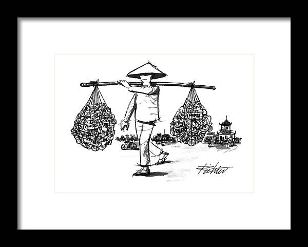 (the Chinese Farmer Carrying Soda
Cans.)(peasant's Load Framed Print featuring the drawing New Yorker March 28th, 1994 by Mischa Richter
