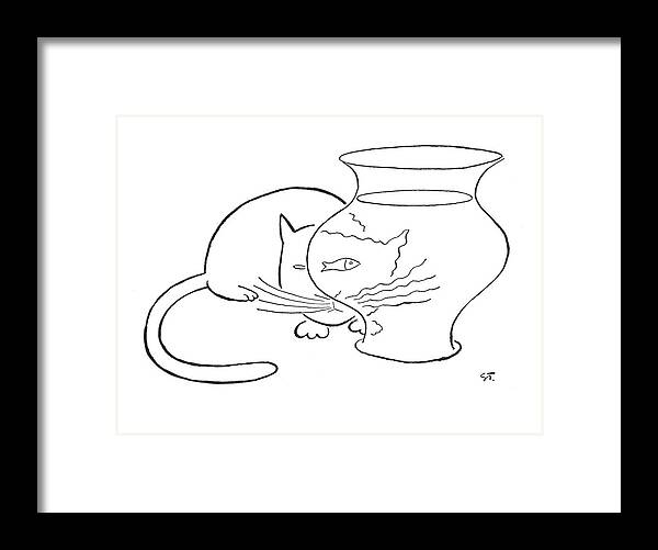 95208 Sst Saul Steinberg (cat Looks Into Fishbowl Framed Print featuring the drawing New Yorker May 13th, 1950 by Saul Steinberg