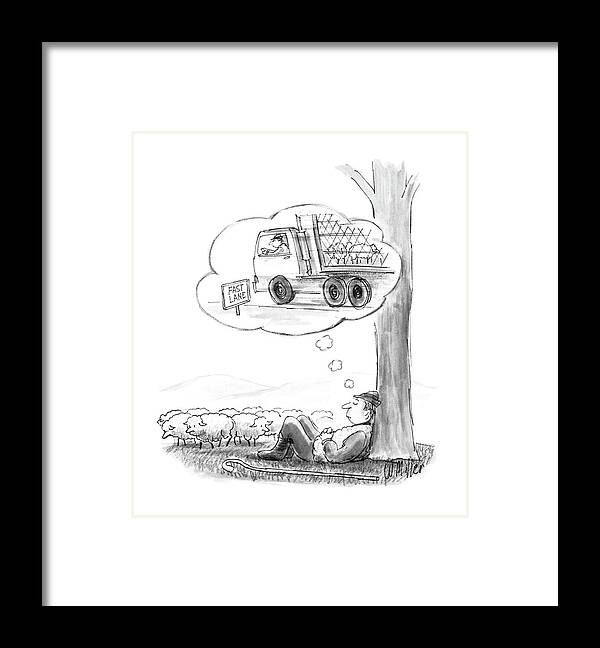 No Caption
Shepherd Sleeps Against Tree With Sheep Standing Near Him Framed Print featuring the drawing New Yorker May 16th, 1988 by Warren Miller