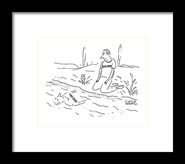 No Caption
Narcissus Stares Into A Pool Of Water Framed Print featuring the drawing New Yorker November 21st, 1988 by Arnie Levin