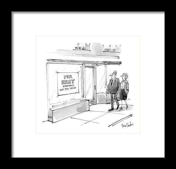 No Caption
Man And Woman Walk By Empty Store.sign In Window Reads Framed Print featuring the drawing New Yorker November 2nd, 1987 by Dana Fradon