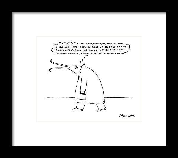 No Caption
A Lobster-headed Businessman Thinks Framed Print featuring the drawing New Yorker November 30th, 1987 by Charles Barsotti