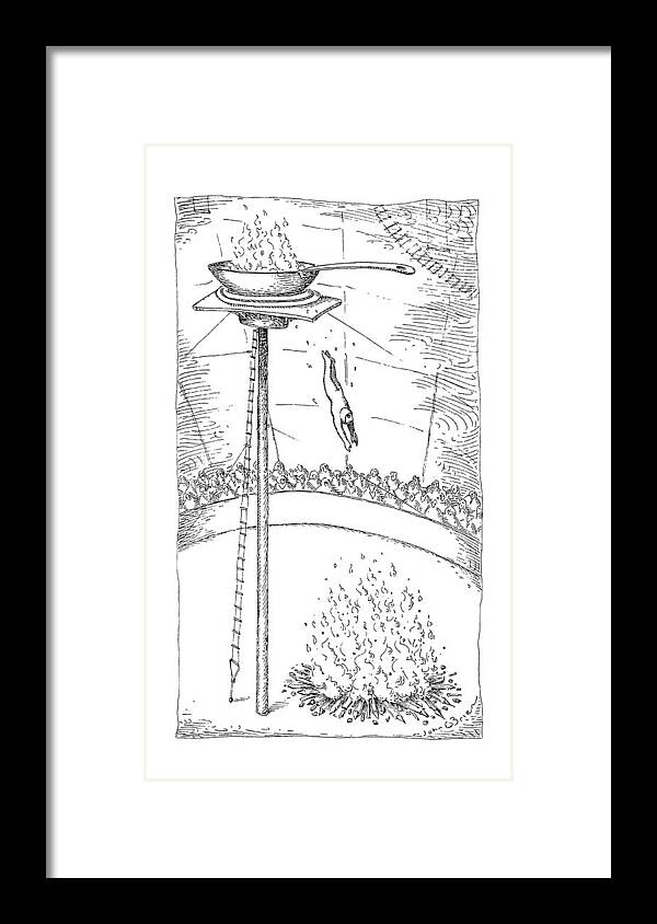 (circus Performer Dives Out Of An Elevated Frying Pan That Is On Fire Into A Fire Pit.) 
Death Framed Print featuring the drawing New Yorker November 30th, 1992 by John O'Brien