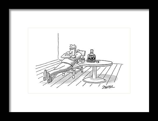 No Caption
An Angry-looking Man Is Sitting In A Chair Next To A Table With A Bottle On It Labelled 
No Caption
An Angry-looking Man Is Sitting In A Chair Next To A Table With A Bottle On It Labelled 
Men Framed Print featuring the drawing New Yorker November 7th, 1988 by Jack Ziegler