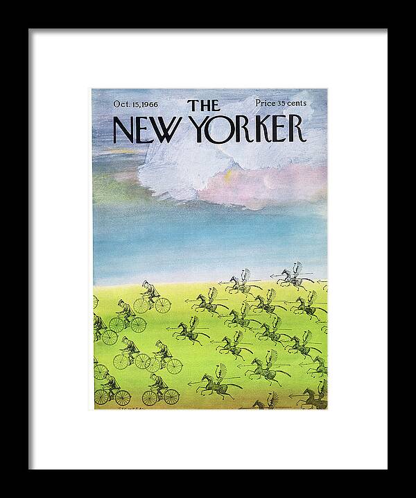 Saul Steinberg 49914 Steinbergattny  
(bicycle Riders Being Chased By Native Americans On Horseback.) Field Outdoors Bicycle Bike Horse Horses Horseback Indians Native American Indian Chase Chasing  Bodinthurs  Artkey Framed Print featuring the painting New Yorker October 15th, 1966 by Saul Steinberg