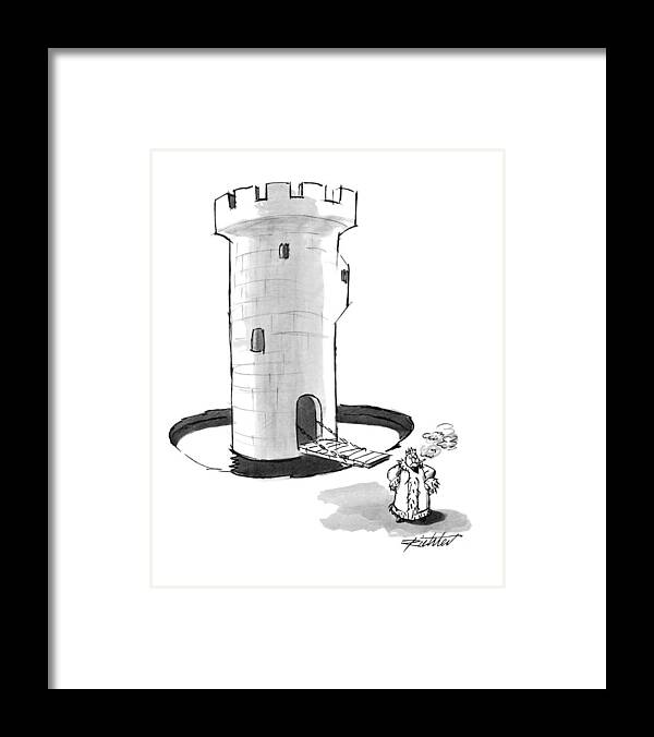 (king Smoking A Cigarette Has To Exit Castle And Go Beyond Moat)
Fitness Framed Print featuring the drawing New Yorker October 18th, 1993 by Mischa Richter