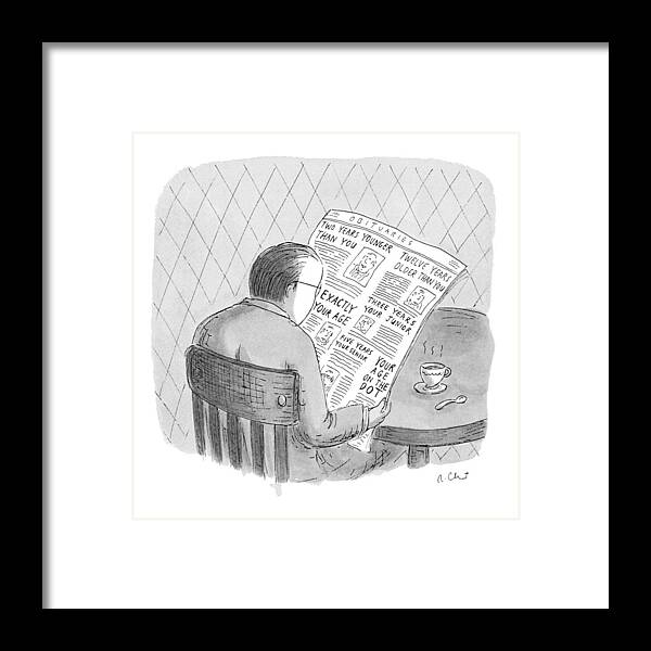 (man Reads The Obituaries In Newspaper Framed Print featuring the drawing New Yorker October 25th, 1993 by Roz Chast
