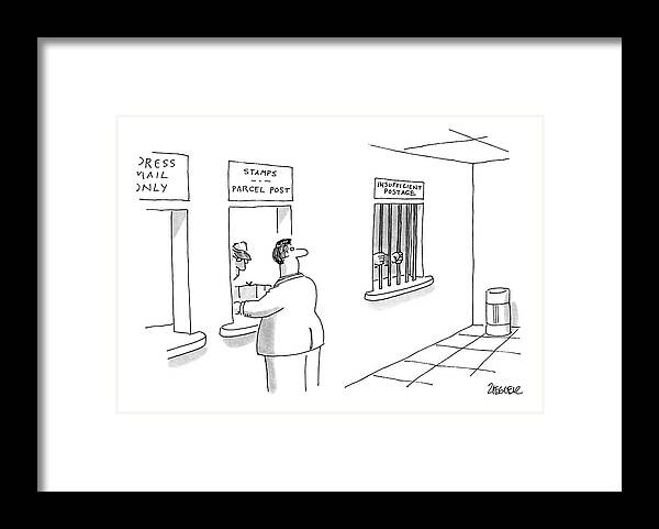 No Caption
Man At Post Office Window Sees Another Window With Bars That Says Framed Print featuring the drawing New Yorker September 14th, 1987 by Jack Ziegler