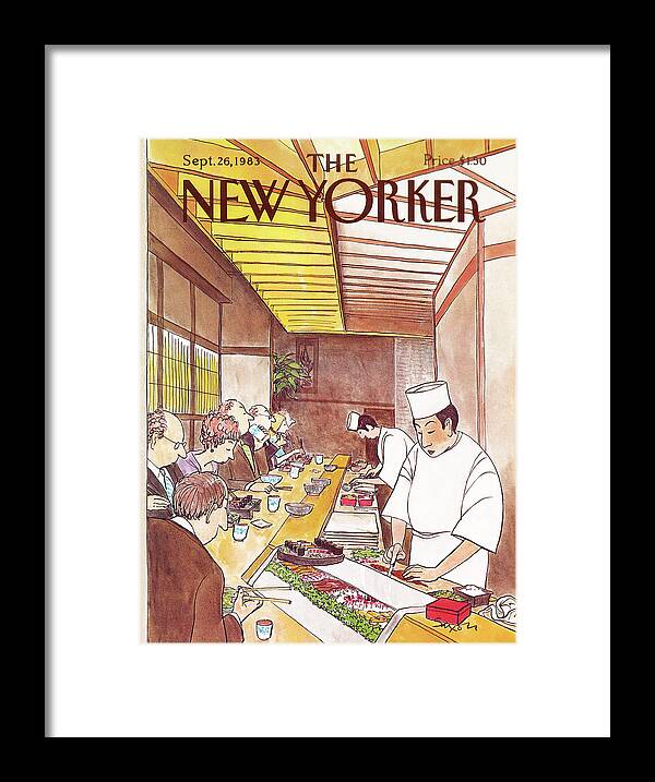 (japanese Chefs Prepare Dinners At Sushi Bar For Seated Customers.) Dining High Class Foreign Japan Sashimi Restaurants Charles Saxon Csa Artkey 46217 Framed Print featuring the painting New Yorker September 26th, 1983 by Charles Saxon