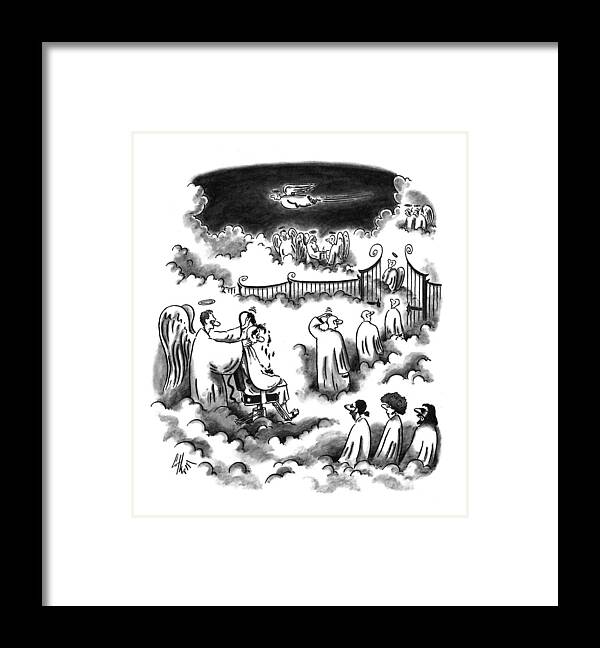 (an Angel Shaving All The New Angel's Heads Before Entering Heaven)
Death Framed Print featuring the drawing New Yorker September 26th, 1994 by Frank Cotham