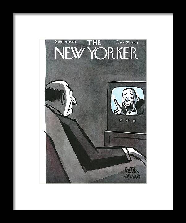 Tv T.v. Television Show Program Broadcast Entertainment Laugh Laughter Grimace Frown Upset Angry Livingroom Peter Arno Par Sumnerok Artkey 49168 Framed Print featuring the painting New Yorker September 30th, 1950 by Peter Arno