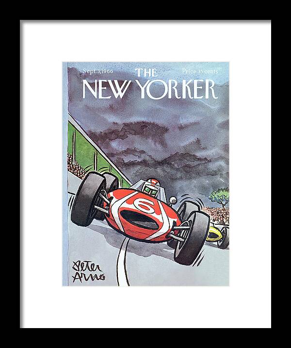 (a Red Race Car Pulls Ahead In An Attempt To Take The Lead.) Autos Driving Performance Speed Fast Engine Competition Sports Leisure Racing Peter Arno Peter Arno Par Artkey 46190 Framed Print featuring the painting New Yorker September 3rd, 1966 by Peter Arno