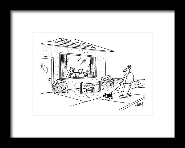 No Caption
A Boring Couple Can Be Seen Through House Front Window Framed Print featuring the drawing New Yorker September 7th, 1987 by Tom Cheney