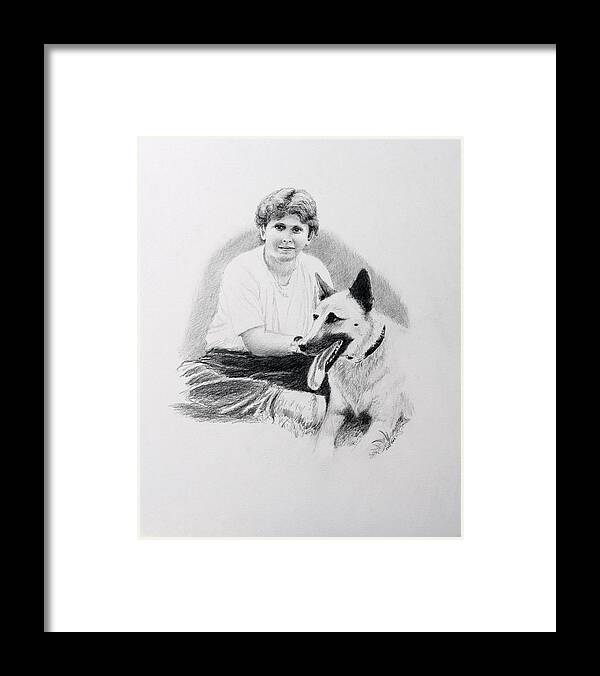 Boy Framed Print featuring the drawing Nicholai And Bowser by Daniel Reed