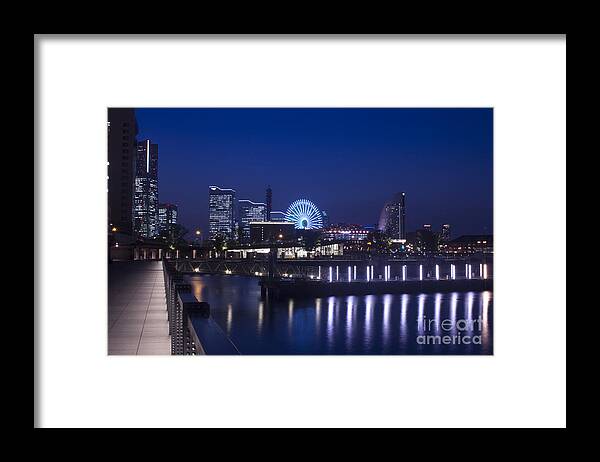 Japan Framed Print featuring the photograph Night Scene in Blue of Minatomirai in Yokohama by Beverly Claire Kaiya
