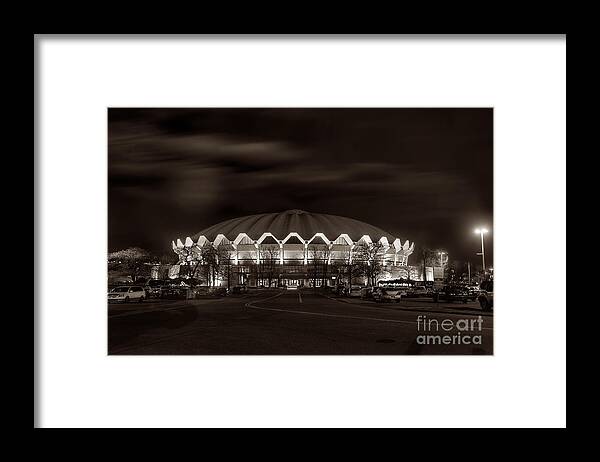 Wvu Framed Print featuring the photograph night WVU Coliseum basketball arena by Dan Friend