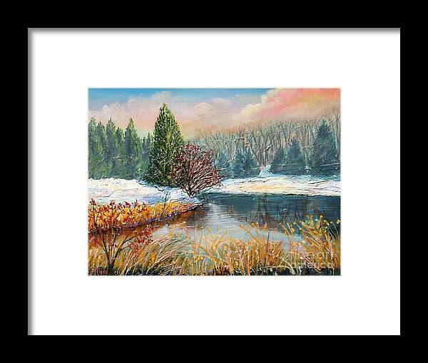 Lee Framed Print featuring the painting Nixon's Colorful Winter View of Gregg's Pond by Lee Nixon