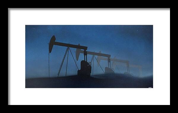 Night Sky Stars Mist Dunes Pump Oil Industry Landscape Petrol Bp Esso Shell Blue Rig Framed Print featuring the painting Nocturnal donkeys by Guy Pettingell