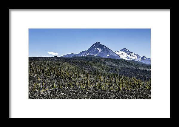 Lava Field Framed Print featuring the photograph North and Middle Sister and the Lava Fields by Belinda Greb