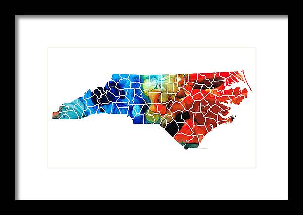 North Carolina Framed Print featuring the painting North Carolina - Colorful Wall Map by Sharon Cummings by Sharon Cummings