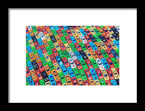Toy Cars Nose To Tail Traffic Jam Congestion Car Colourful Colorful Bright Colour Color Green Red Blue Packed Childhood Fun Play Time Boys Toys Fender Tightly Tight Crowded Park Parked Rush Hour Framed Print featuring the photograph Nose to Tail by Julia Gavin