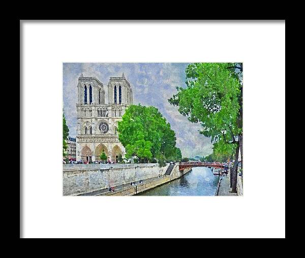 Notre Dame Framed Print featuring the digital art Notre Dame and the River Seine by Digital Photographic Arts